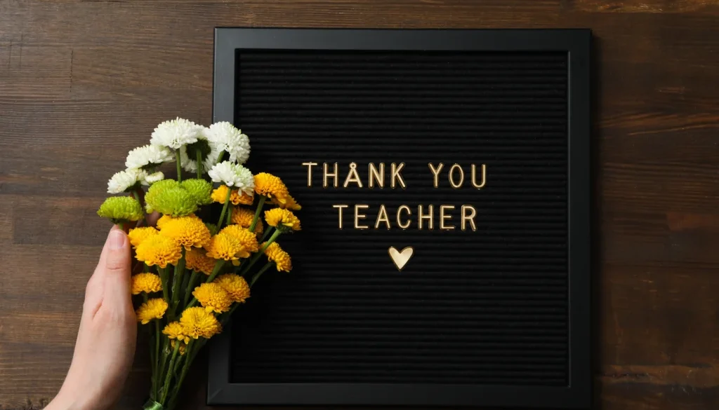 Tablica z napisem Thank You Teacher i bukietem kwiatów – podziękowanie dla nauczyciela na zakończenie roku szkolnego